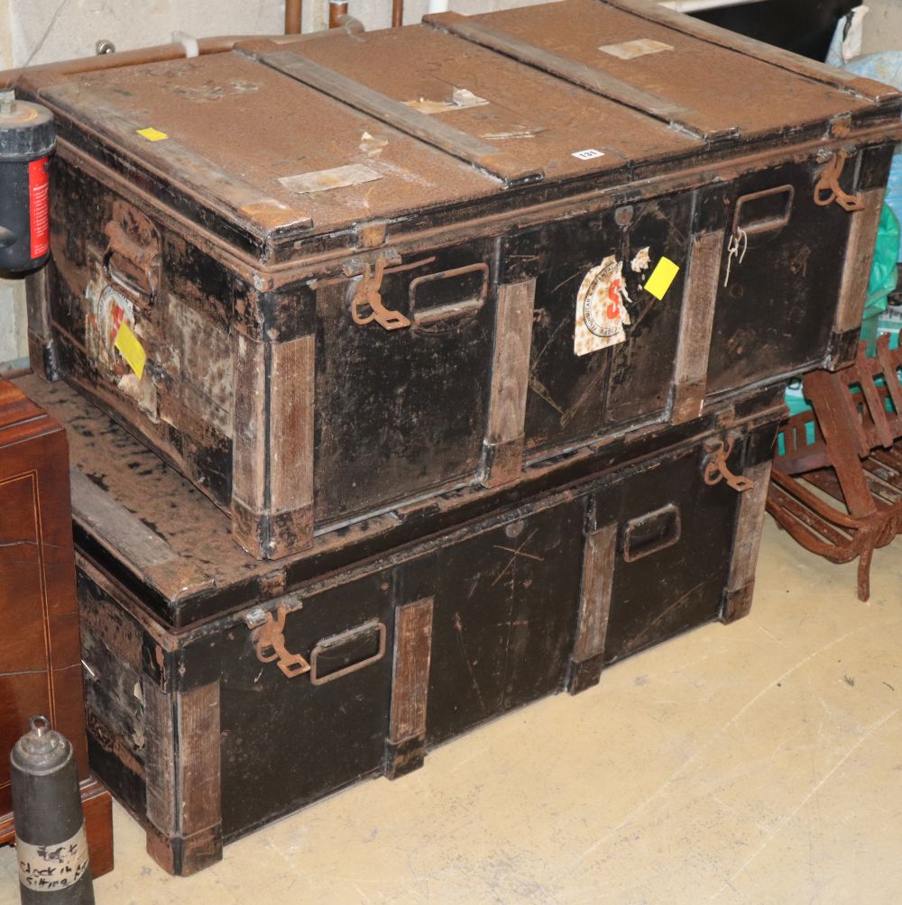 A pair of vintage metal trunks, W.92cm, D.54cm, H.38cm